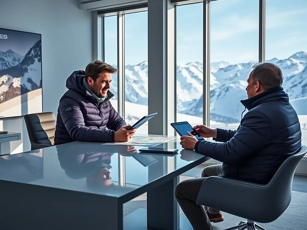 A photograph showing Luke Snow in a one-on-one consultation with a client, reviewing maps and discussing personalized ski plans, highlighting the bespoke nature of the service.