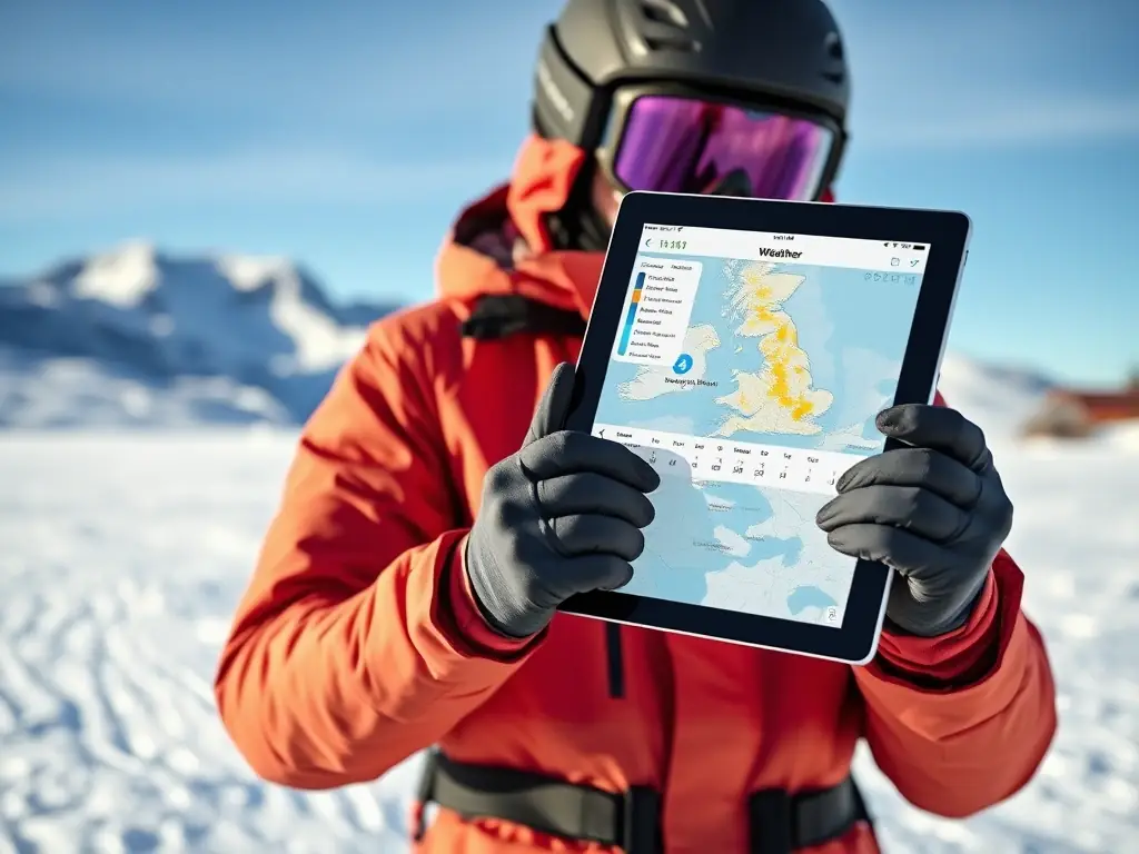 A skier in deep powder snow, using a digital guide on a tablet to navigate backcountry terrain, with a focus on the tablet screen showing weather data.