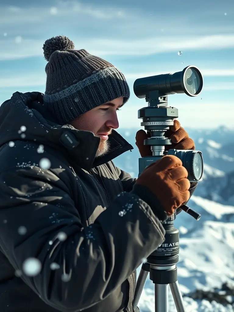 A close-up shot of Luke Snow using professional meteorological equipment on a snowy mountain peak, analyzing weather patterns.