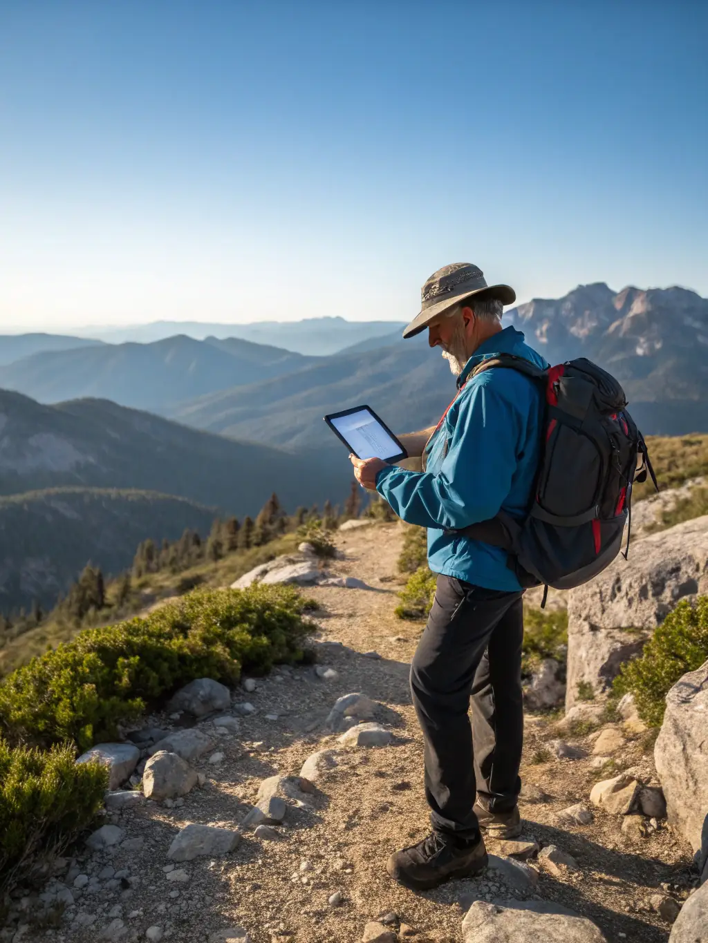 A person joyfully using the Luke Snow All-Access app on a tablet while hiking in the mountains, with a clear weather forecast displayed.
