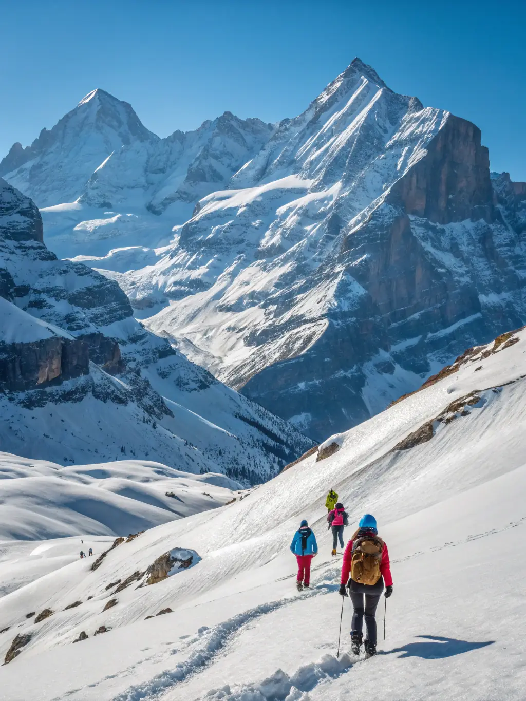 A group of skiers ascending a snowy peak during a ski tour in the Swiss Alps, with clear blue skies and majestic mountains in the background.