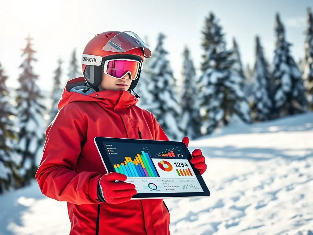 A skier is shown reviewing detailed weather data on a tablet, with a backdrop of snow-covered peaks and a clear blue sky, illustrating the access to expert forecasts provided by the All-Access Pass.