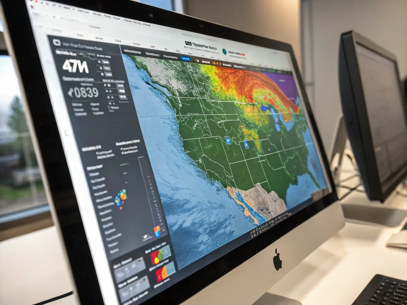 A detailed close-up of a weather model on a computer screen, highlighting key indicators for snowfall and temperature changes in a mountain region.