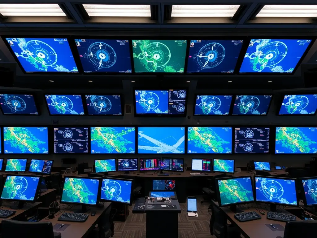 A digital image of a weather radar screen displaying detailed weather patterns and forecasts, with a focus on storm tracking.