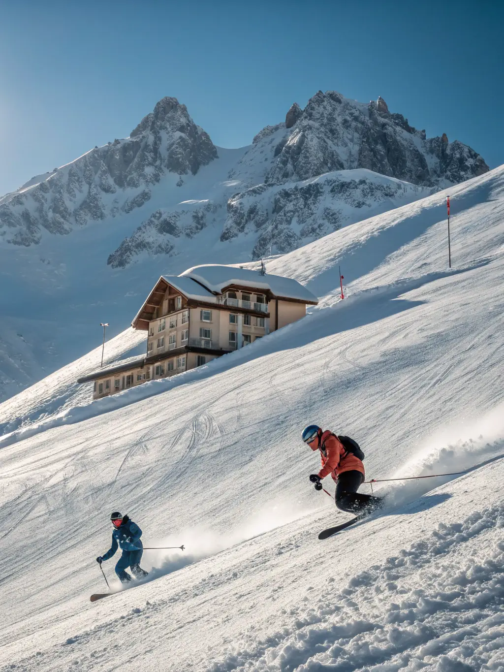 A group of skiers enjoying après-ski at a cozy mountain hut after a day of ski touring in the Dolomites, Italy, with warm lighting and a festive atmosphere.