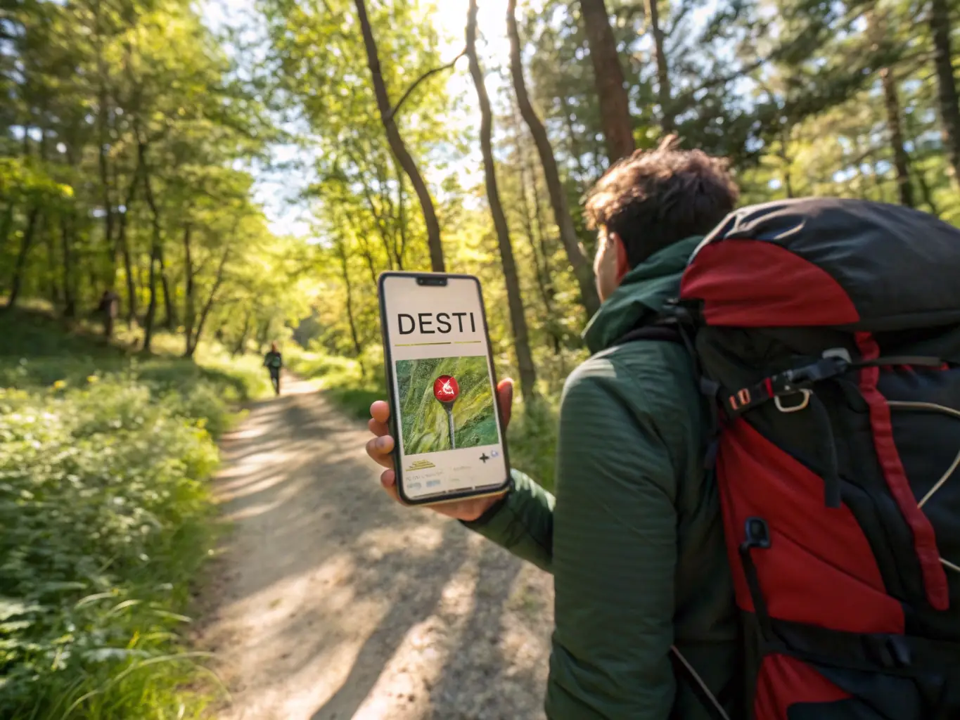 A digital illustration of a hiker using a digital guide on a tablet while standing on a mountain peak, with a scenic backcountry landscape in the background.