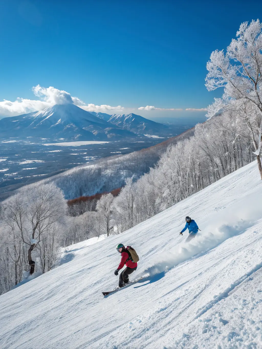 A snowboarder carving through fresh powder during a guided tour in Hokkaido, Japan, with snow-covered trees visible in the distance.