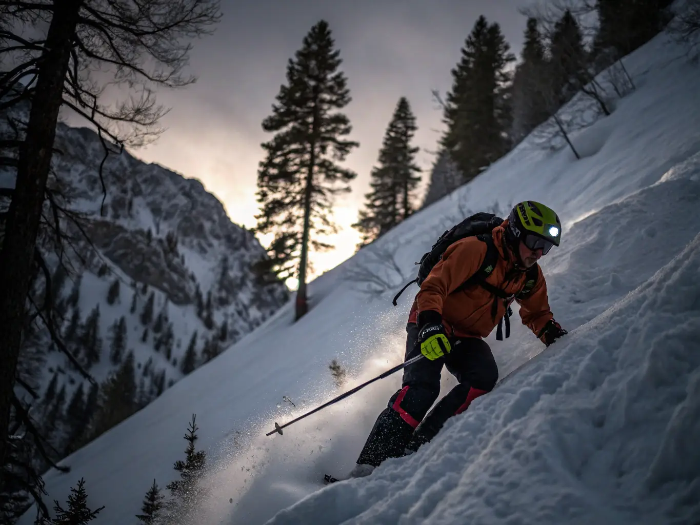A dramatic image of a storm chaser on skis, capturing the intensity of a mountain storm, with a focus on safety gear and preparedness.