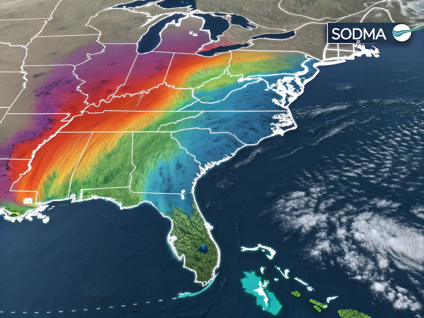 A detailed weather map highlighting key meteorological factors for skiing, such as snow accumulation, wind direction, and temperature gradients, used in Luke Snow's weather guide.