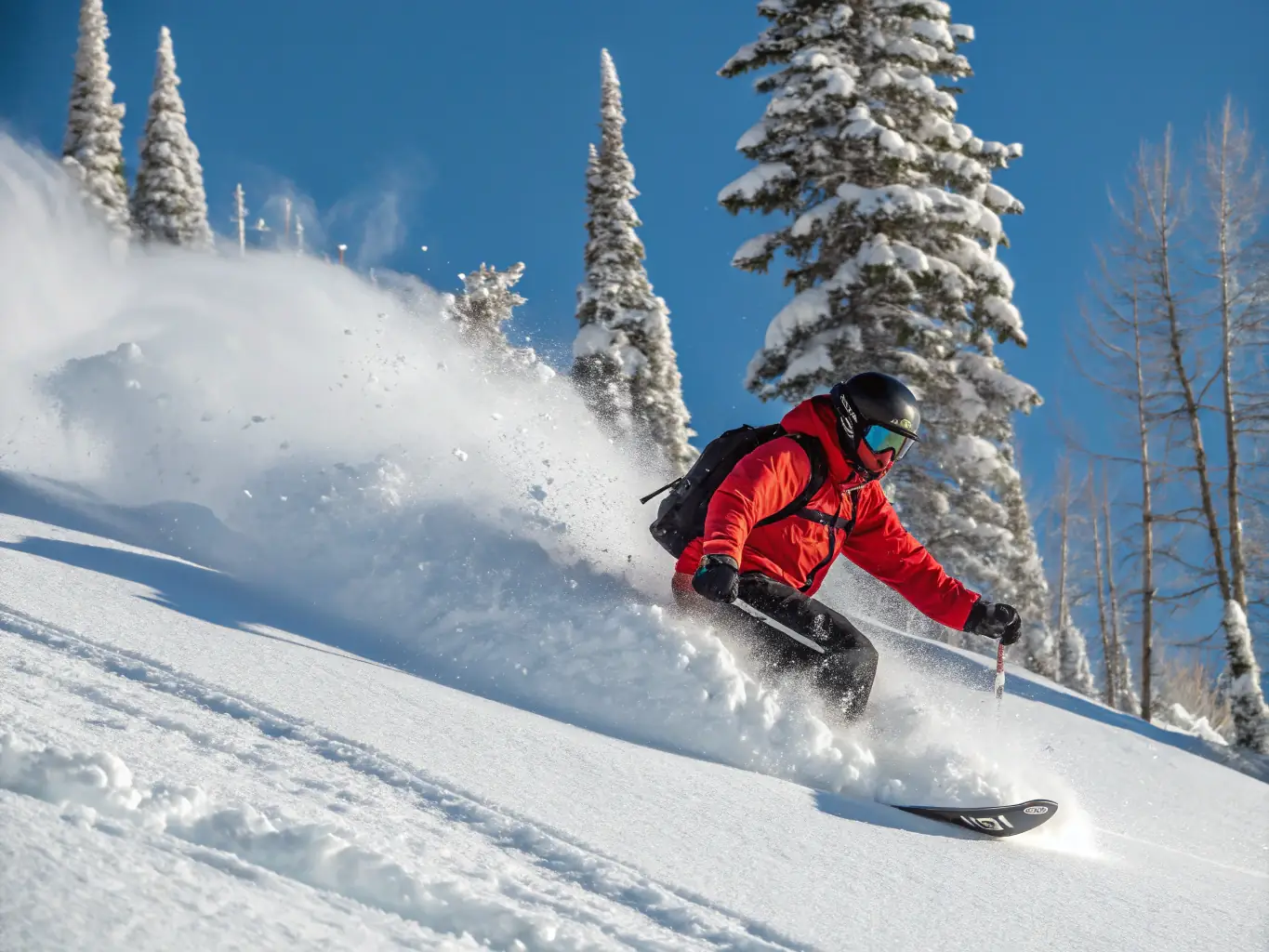 A high-quality photograph capturing a skier enjoying fresh powder in a remote backcountry location, emphasizing the thrill and exclusivity of the experience.