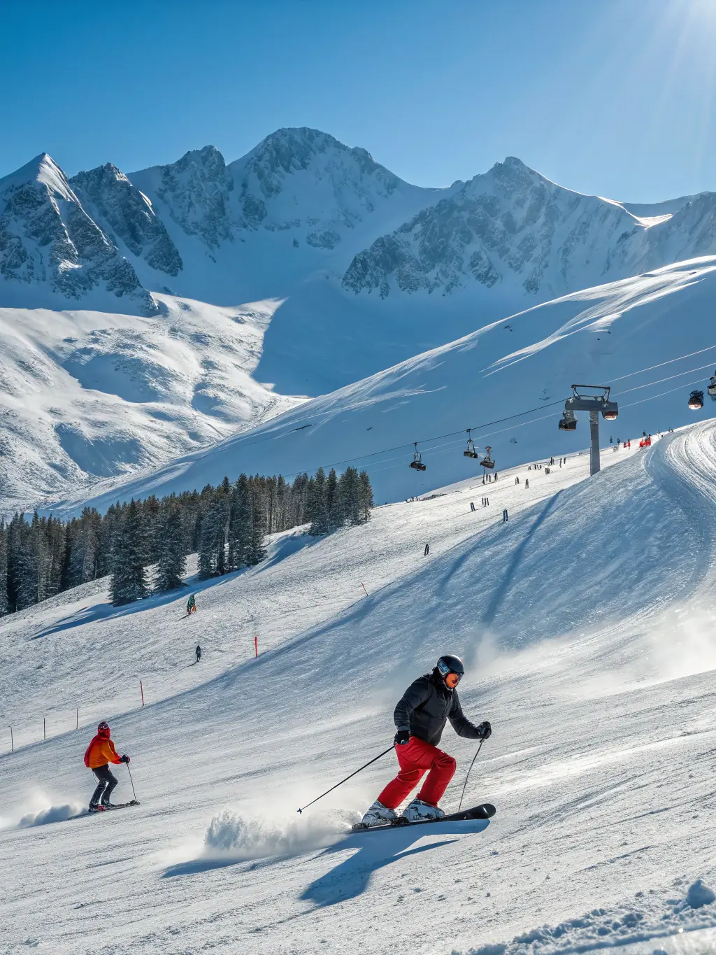 A group of skiers led by Luke Snow, captured in action, carving through fresh powder on a sunny day in the backcountry.