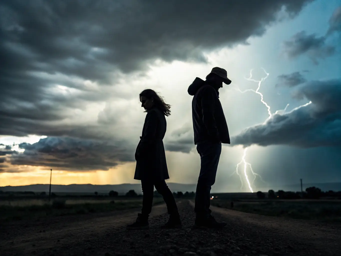 A dramatic image of a storm chaser silhouetted against a turbulent sky, capturing the intensity and excitement of tracking mountain storms.