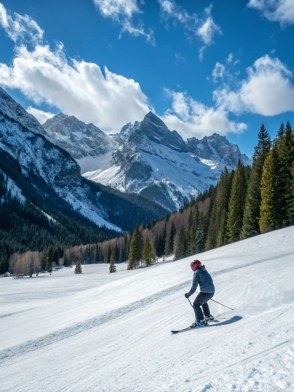 A professional photograph of a backcountry ski guide in deep powder, wearing a backpack and using ski poles, with a vast mountain range in the background.