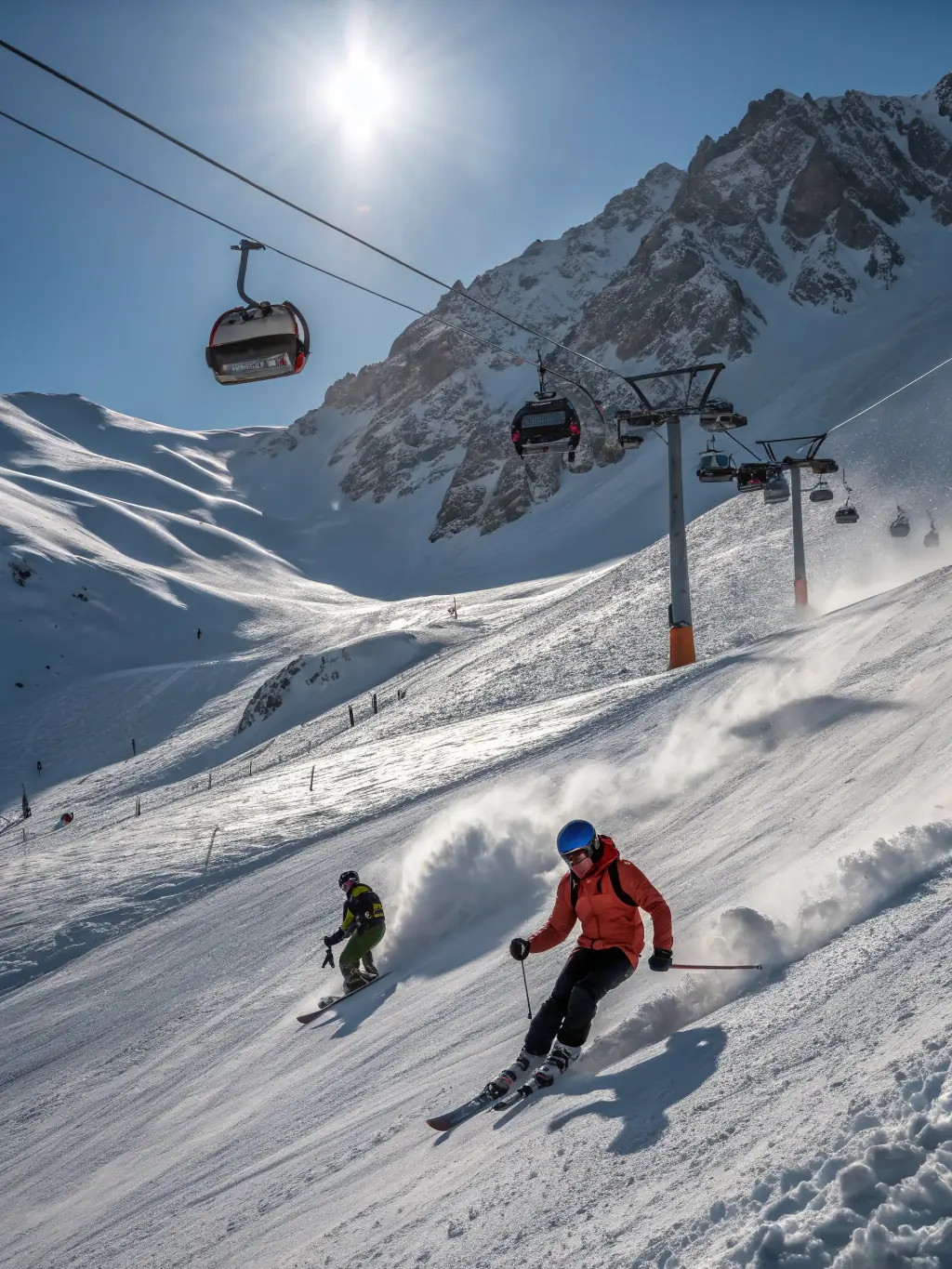 A scenic view of a ski touring group traversing a ridge in the Canadian Rockies, with rugged peaks and vast wilderness surrounding them.
