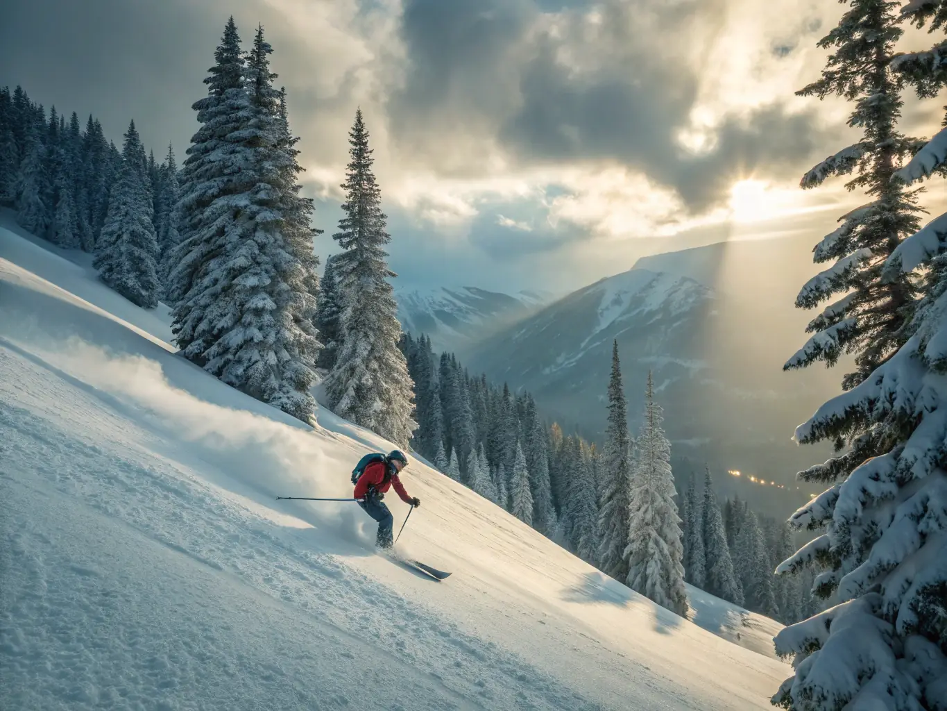 A skier navigates a steep, powder-covered slope with confidence, guided by Luke Snow, showcasing the practical application of a backcountry skiing guide.